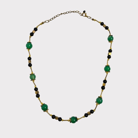 Green Onyx & Gold Beaded Necklace‎ 20 in - Picture 1 of 4
